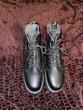 Dr. Martens Black Leather Lace-Up Combat Boots with Yellow Heel Loop